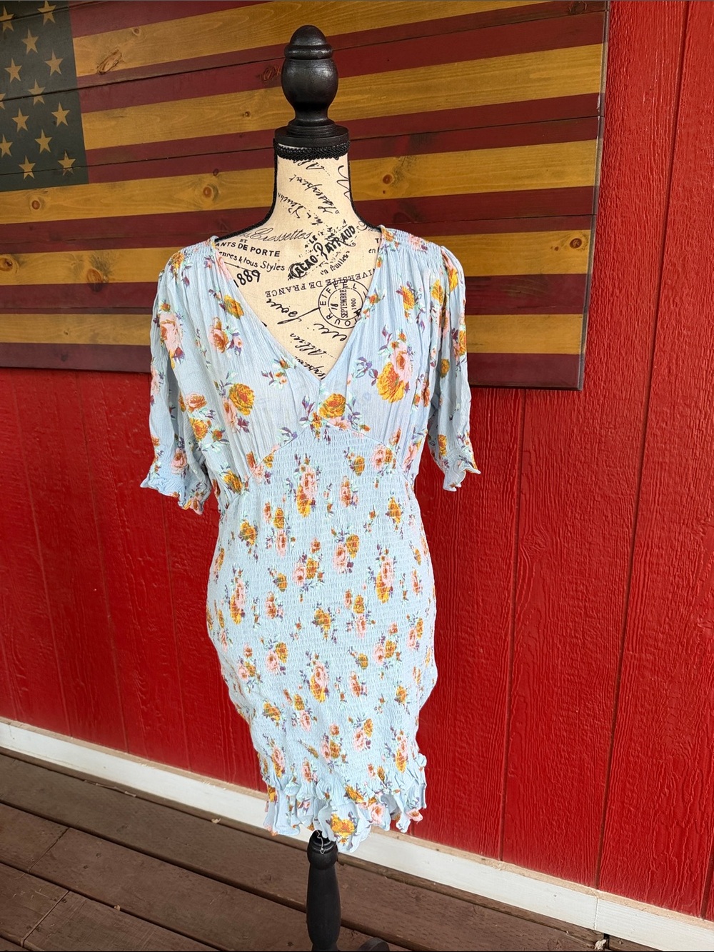 Light Blue Floral V-Neck Short Dress